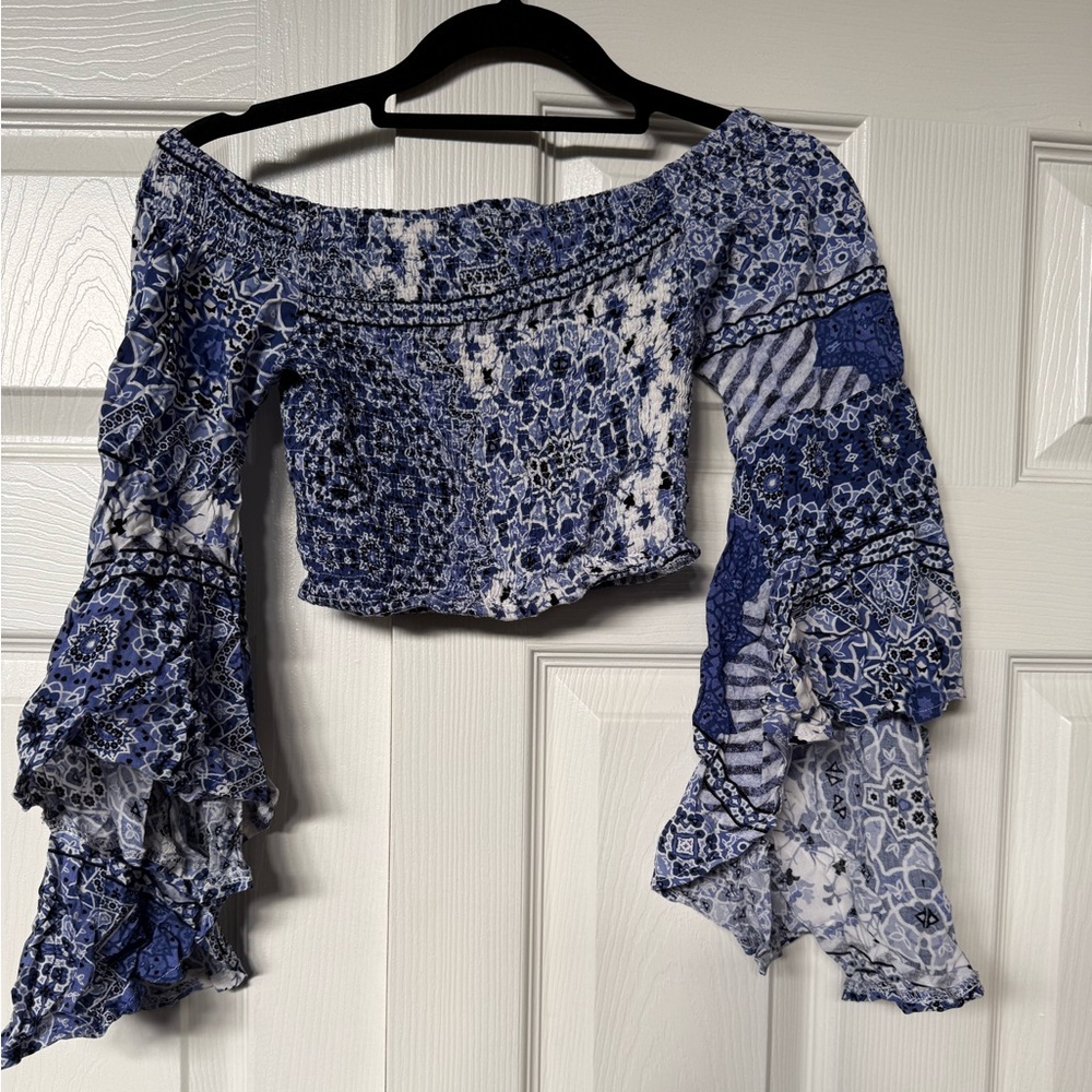 Jaase Blue and White Off-Shoulder Blouse